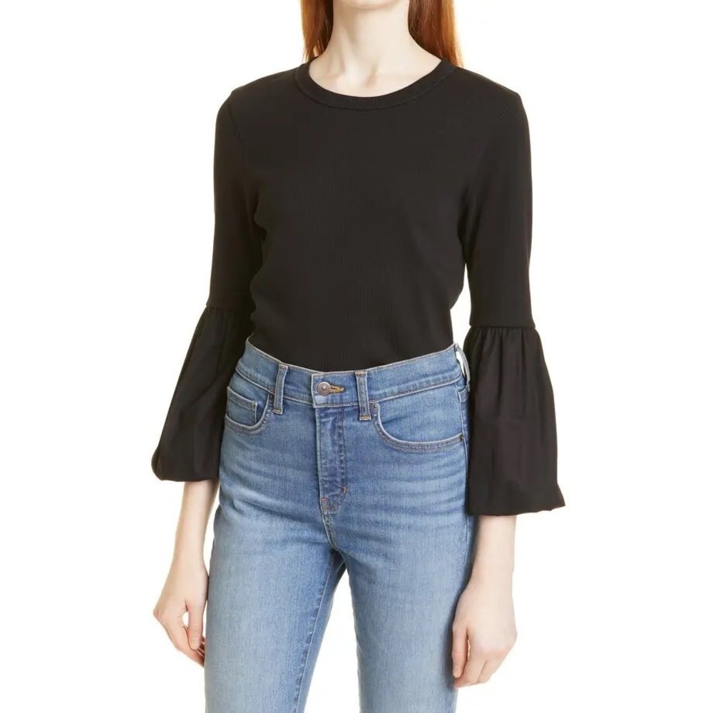 Veronica Beard Jeans Black Ribbed Puff Sleeve‎ Top Size S
